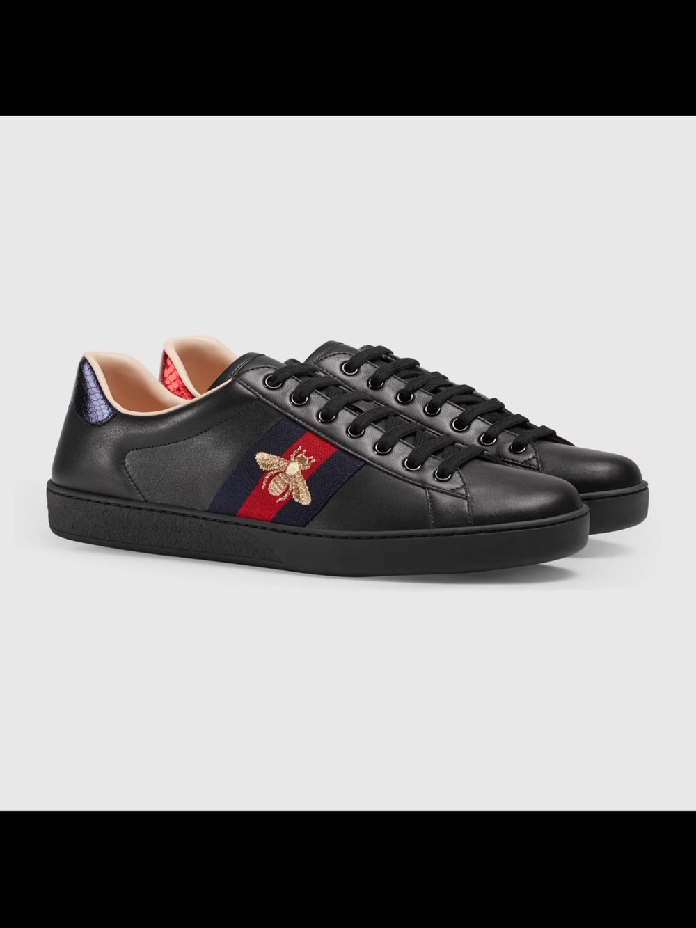 Like New! Gucci Black Ace Sneakers with Red & Navy Web and Gold Bee - Sz 9